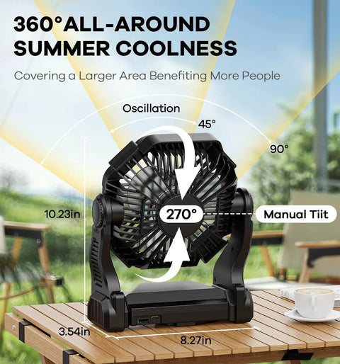 Ultra Quiet 30000mAh Portable Camping Fan With LED Light USB TypeC Rechargeable on table demonstrating oscillation angles