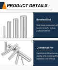 Rock Solid 55 Piece Pack of M3 x 16mm Dowel Pins Made from Gnarly 304 Stainless Steel showcasing beveled and cylindrical ends.