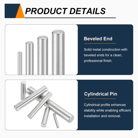 Rock Solid 55 Piece Pack of M3 x 16mm Dowel Pins Made from Gnarly 304 Stainless Steel showcasing beveled and cylindrical ends.