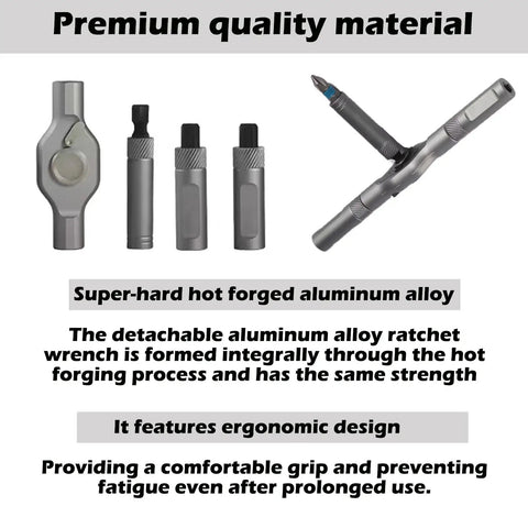 Close-up of 24 In 1 Magnetic Ratchet Screwdriver Set S2 Steel Bits showing super-hard aluminum alloy and ergonomic design.
