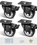 Built Tough 3 Inch Swivel Plate Casters With Secure Wheel Brakes And Smooth Double Ball Bearings For Heavy Duty Cart Work That Rolls Easy All Day Long, featuring black wheels and mounting plates.