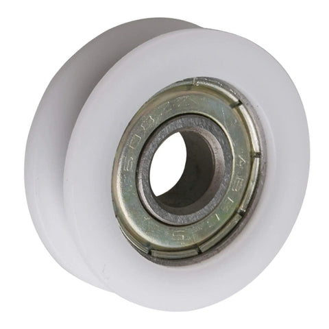Set Of Four Heavy Duty U Groove Pom Pulleys With A Precision 8mm Bore And 30mm Outside Diameter showing durable white roller with metal bearing.