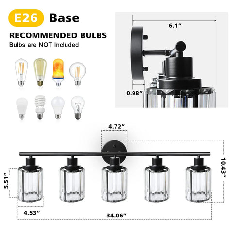 Dimensions and bulb types for Five Light Crystal Vanity Lights In Black For Bathroom Over Mirror Modern Crystal Shade Wall Fixture With E26 Base
