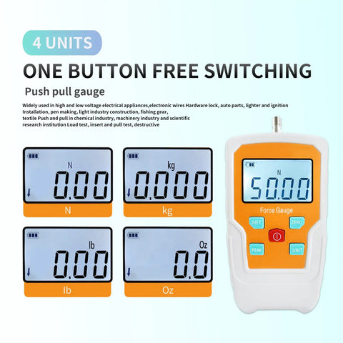 Badass Digital Force Gauge Push Pull Meter Dynamometer Tension Tester Compression Load Thrust Gauge showing multiple unit readings.