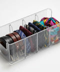 Top Shelf Crystal Clear Acrylic Belt Organizer With Removable Dividers Stackable Storage Bin For Ties Watches Jewelry with belts and ties.