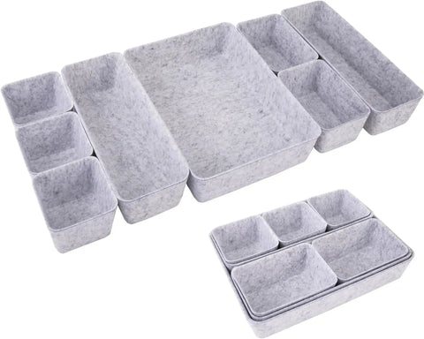 Customizable 8 Pack Felt Drawer Organizer Trays Set For Desk Drawers Shallow Modular Storage Bins in Light Gray, various sizes
