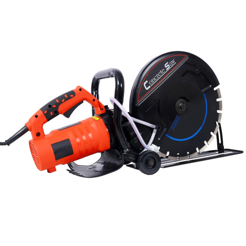Hardcore 14 Inch Concrete Saw With Water Line And Dust Extraction Port Rips Right Through Concrete And Porcelain 15 Amp Wet Dry Power Tool No Fuss Operation Dead Straight Cuts with orange motor.