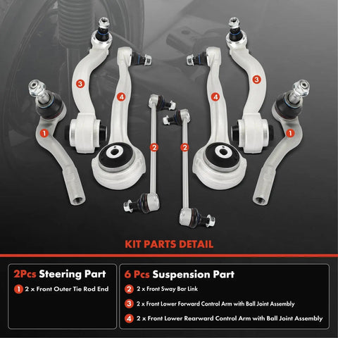 Top Shelf 8 Piece Front Suspension Kit With Lower Forward And Rearward Control Arms Engineered For Sick Handling And Durable Daily Driving On Mercedes Benz Cars: detailed kit parts featuring tie rod ends, control arms, and sway bar links.