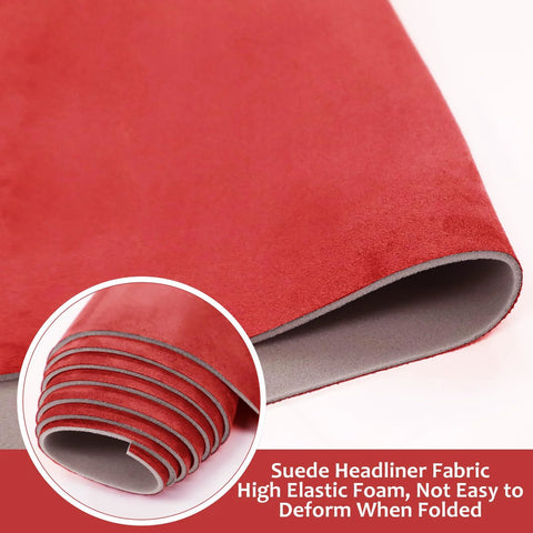 Red suede headliner fabric with foam backing, rolled sheet for automotive interior use