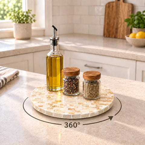 Heavy Duty 12 Inch Turntable With Silky Smooth 360 Spin And Shimmering Mother Of Pearl Detailing On A Luxe Champagne Gold Base for kitchen with oil and spices.