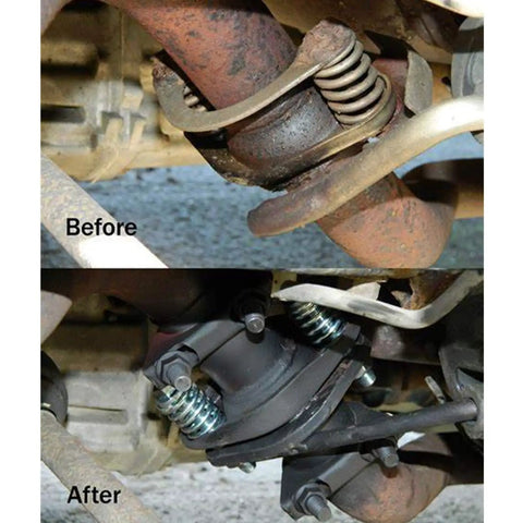 Heavy Duty Exhaust Pipe Repair Kit With Quick Fix Slip Joint Connector For Muffler Leaks before and after installation on pipes.