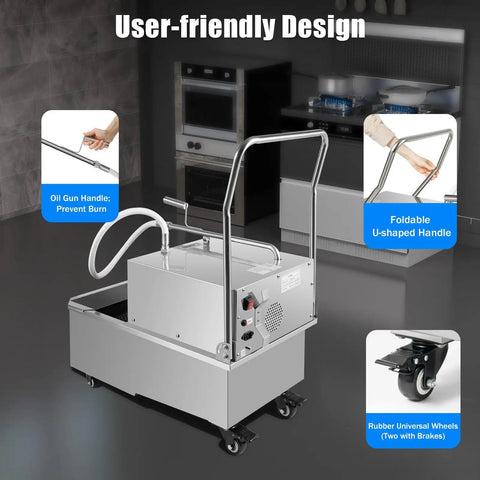High Capacity Commercial Kitchen Deep Fryer Oil Filter Machine 550W Stainless Steel Mobile Cart with foldable handle design.