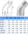 Diagram and dimensions of 304 Stainless Steel Pipe Fitting 45 Degree Elbow 1 Inch NPT Male To 1 Inch NPT Female Thread Adapter 3 Pack