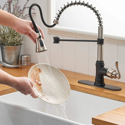 Dual Finish Kitchen Faucet In Black And Brushed Nickel With Pull Down Sprayer And Three Spray Modes Single Handle High Arc Commercial Style