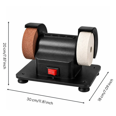 Heavy Gauge Dual Wheel Benchtop Rig With Pure Copper Motor, compact design for polishing and sharpening, measures 30 cm.