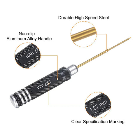 1.27mm Titanium RC Hex Driver Tiny Hex Screwdriver For RC Cars Boats Helicopters And Drones Durable Wrench Tool With A 175mm Long Handle For Quick Field Repairs Black showing details of non-slip aluminum handle and 1.27mm marking.