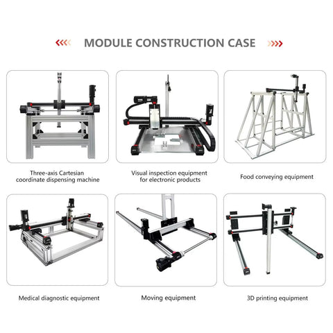 Various modular equipment including 3D printing, medical diagnostic, and food conveying setups with precise construction.