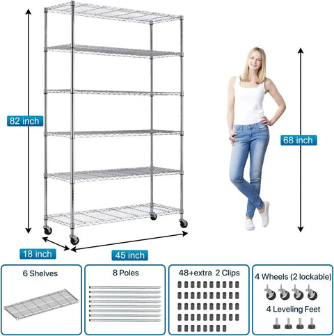 Heavy Hitter Six Tier Garage Shelving Rack With Locking Casters 6000 Lbs Capacity next to a woman for size comparison.