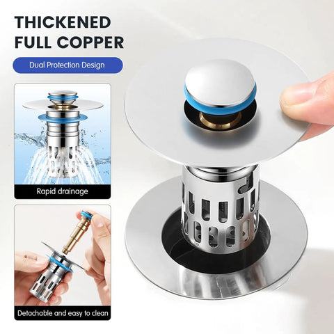 Solid Brass Universal Bathroom Sink Stopper With Pop Up Drain Strainer And Removable Filter Basket Hair Catcher, featuring a dual protection design.