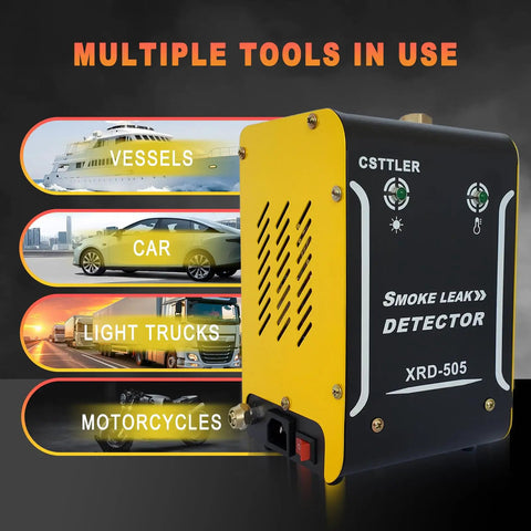 Pro Level Automotive Smoke Leak Detector Machine For Sniffing Out Broken Vacuum Lines And Catching Faulty Air Induction Problems On Cars Trucks Atv Bikes And Boats with multiple vehicle types shown.
