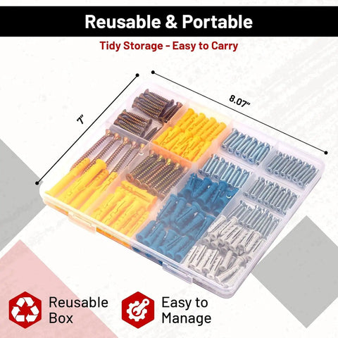Heavy Duty Self Drilling Drywall Anchors And Screws Zinc Metal Wall Plugs That Grip Tight For No Sweat Setup Durable Self Tapping Design With Solid Fifty Pound Load Capacity 270 Piece Diy Home Fix Kit in a plastic storage box.
