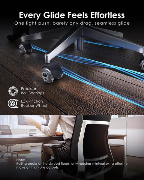 Hella Heavy Duty Rollerblade Office Chair Wheels With Quiet Glide And Effortless Swivel On Hardwood Floors And Carpet Plus 700 Pound Capacity close-up of precision dual ball bearing wheels gliding over smooth hardwood
