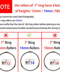 Illustration comparing 7 inch microwave glass turntable support rings with 12mm, 14mm, and 18mm roller heights