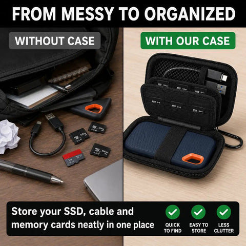 Comparative image of an open Hard Shell SSD Case For SanDisk Extreme Portable SSD Old And New Models And Extreme PRO with organized gadgets.
