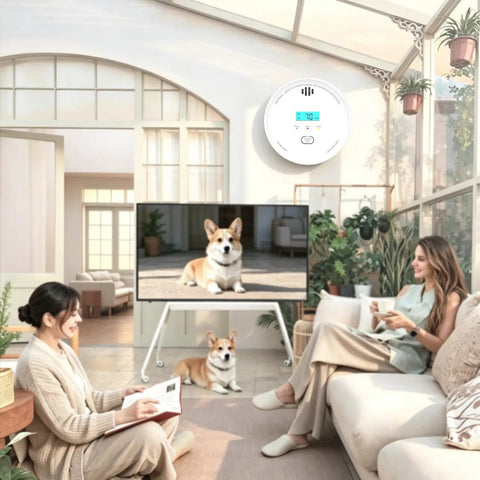 Top Shelf 6 Pack Smoke Detectors and Air Quality Monitors with 10 Year Battery Life on wall in living room with women and dog.