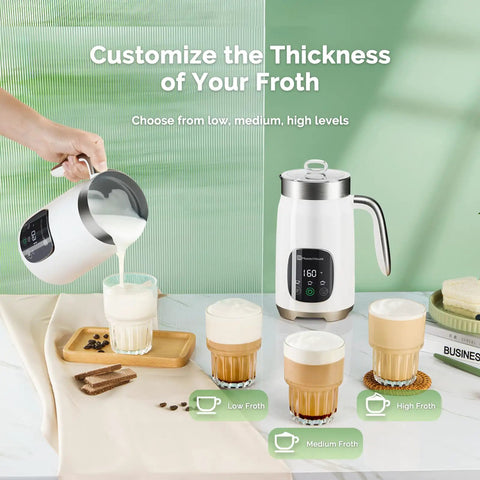 Barista Vibe DualFro 400 Milk Frother And Steamer With Variable Temperature And Froth Thickness, 14.1 Oz 400 Ml shown with drinks