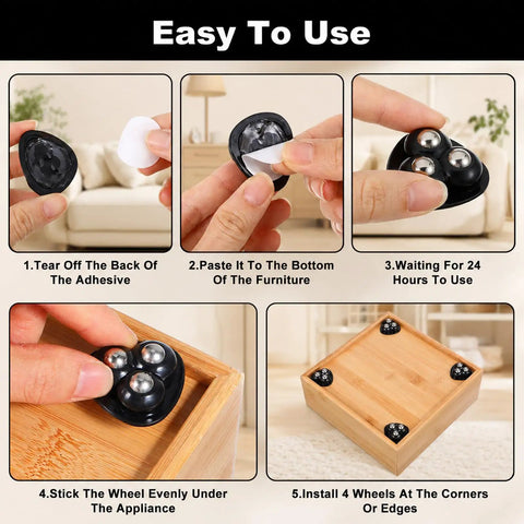 No Sweat Countertop Appliance Rollers Sliders Set With Strong Peel And Stick Backing shown in usage steps for easy installation.