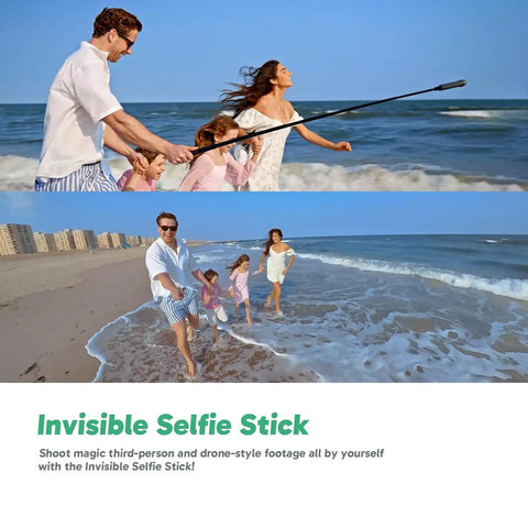 Family using Weatherproof 5.7K 360 Video Action Camera Creator Bundle with Invisible Selfie Stick on a beach.