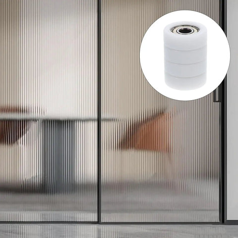 Top Shelf Set Of 4 Sliding Door And Window Pulleys Zero Sweat Replacement Nylon Guide Rollers Easy Install close-up of nylon roller for 30mm tracks.