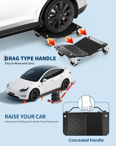 Heavy Duty Tire Wheel Dollies 4 Pack Garage Car Movers, Bad Boy Steel Floor Rollers With Locking Brakes, movable drag handle and tire support.