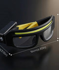 Kickass HandsFree Rechargeable Led Glasses Headlamp Featuring Motion Sensor And Tap Touch Switch Ipx4 Wet Weather Ready For Tactical Camping And Night Riding Gear, black and yellow design with measurements.