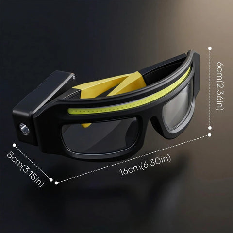 Kickass HandsFree Rechargeable Led Glasses Headlamp Featuring Motion Sensor And Tap Touch Switch Ipx4 Wet Weather Ready For Tactical Camping And Night Riding Gear, black and yellow design with measurements.