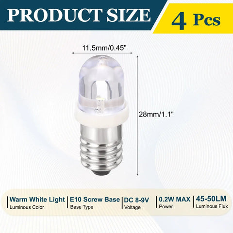 Four Pack Hella Bright E10 Screw Base Led Bulbs Dc 12Volt 02W White Mini Indicator Lamp For Flashlights And Electronic Hobby Kits Snazzy Drop In Replacement Parts with dimensions 11.5mm x 28mm.