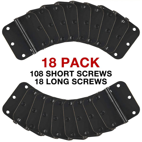 18 Pack Matte Black Door Hinges 3.5 Inch Rounded Corner Heavy Duty No Squeak 270 Degree Swing With 108 Free Screws, shown in a curved layout.