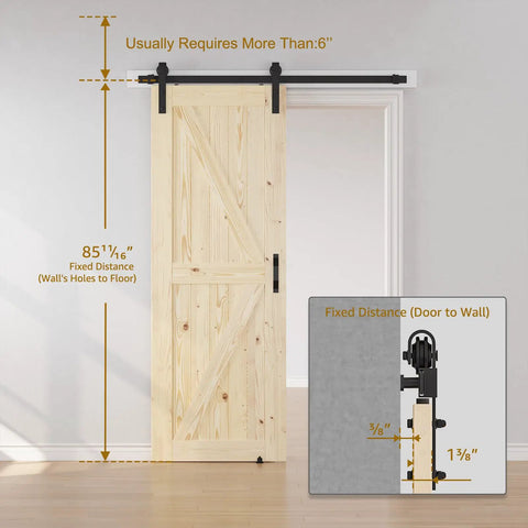 Top Shelf Solid Spruce Wood Sliding Barn Door With Complete Six Foot Track Hardware Unfinished Surface dimensions and installation guide