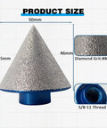 3 Pcs 2 Inch Diamond Beveling Chamfer Bits With 5/8-11 Thread Adapter, cone shape, diamond grit #80, size dimensions shown.