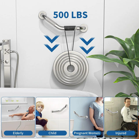 Tough As Nails Heavy Duty 16 Inch Angled Shower Grab Bars 2 Pack Rock Solid Safety Support with 500 lbs test load in bathroom.