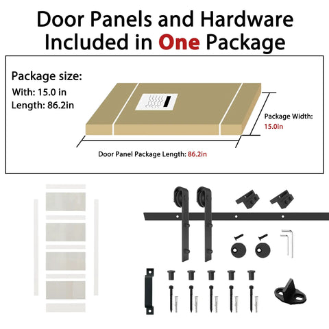 Package contents for 36X84 White Tempered Glass Sliding Barn Door With Complete Hardware Kit, showcasing door panels and hardware.