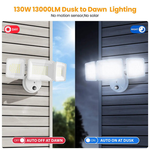 130W 13000 Lumens Dusk To Dawn Outdoor Flood Light illuminating a home exterior at night, waterproof fixture hardwired for security.