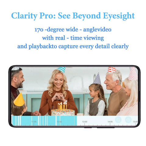 Smartphone displaying video of family birthday party, showcasing 170-degree wide-angle view for real-time and playback clarity.