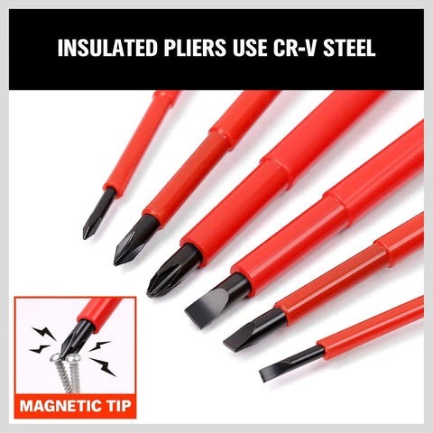Heavy Duty Six Piece Insulated Screwdriver Set With Sure Grip Magnetic Tips And Certified 1000V Safety Crafted Badass From Chromium Steel With Comfy Rubber Handles, showcasing magnetic tips and insulated red handles.