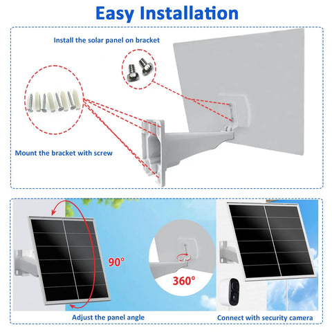 Easy installation diagram for Dual Pack 20W Solar Panel For 12 Volt Trail And Security Cameras, featuring adjustable bracket.