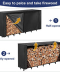 Heavy Duty 8-Foot Firewood Rack Cover With Zipper And Front Flap, 600D Oxford Waterproof Shield half-open and fully-open view