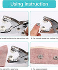 Using instructions for Top Shelf 3/8 Inch Metal Snap Button Pack with pliers, showing fastener installation steps on fabric.