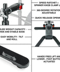 Electric Height Adjustable Bike Repair Stand With 100 Lb Capacity Hands Free Foot Lift Fast Ratchet Clamp shown with features