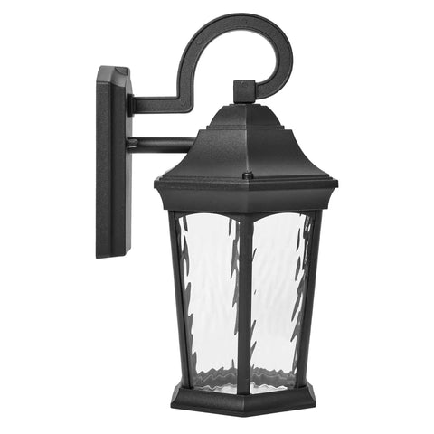 Heavy Duty Led Motion Sensor Outdoor Wall Light With 800 Lumens Super Bright 3000K Warm White Glow, Dusk To Dawn Safety Switch, Rugged Black Metal And Clear Water Glass Finish mounted side view